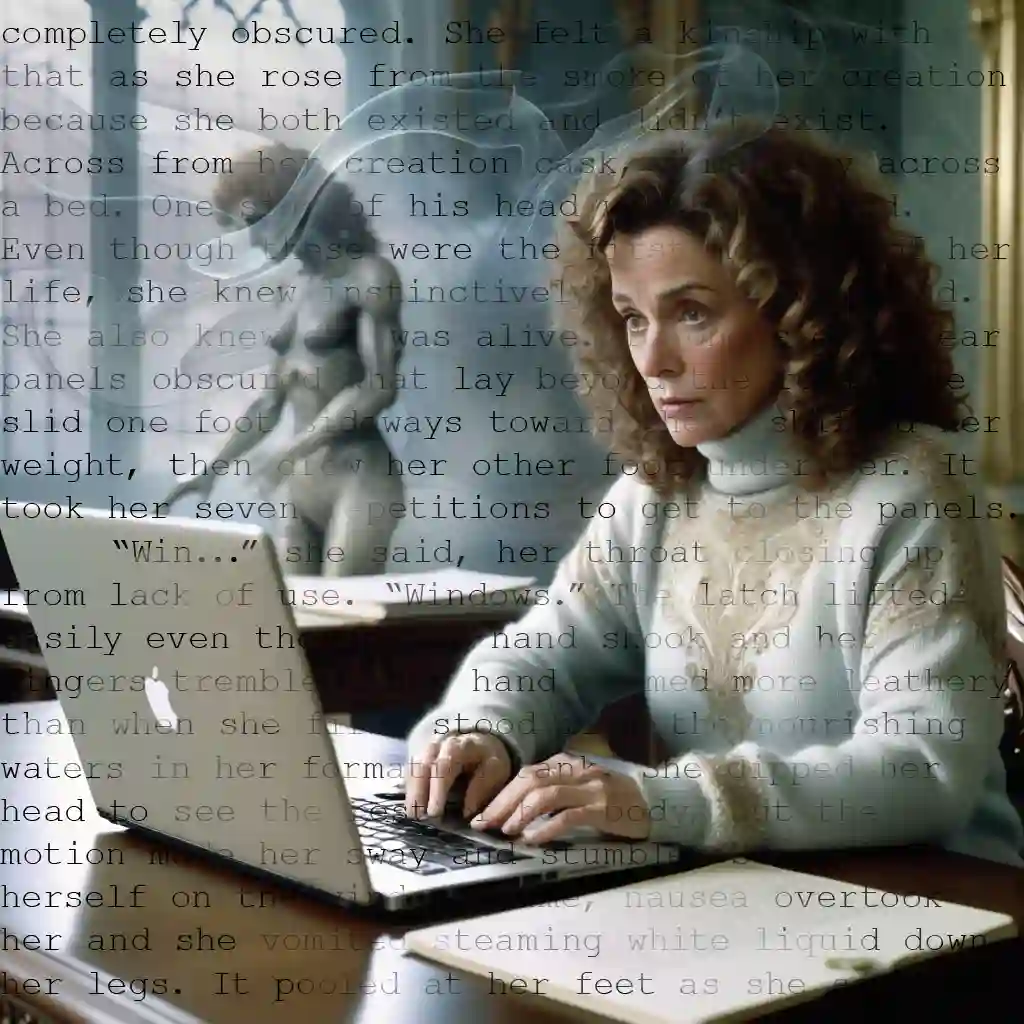 Woman writing at laptop with similar naked character mirrored in background