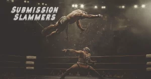 Two wrestlers, one flying through the air headed for slamming the other.