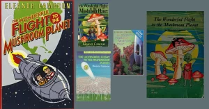 Multiple book covers for same story with main image showing a rocket with two people sitting in the front.