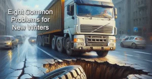 Truck about to fall into a giant pothole.