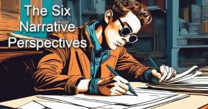 Young man with sunglasses at desk writing with strange pen.