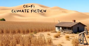 Oil well and old house in front of dead corn stalks and sand dunes.