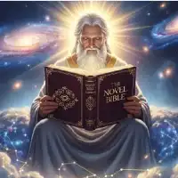 God sitting and reading the Novel Bible with galaxies in the background