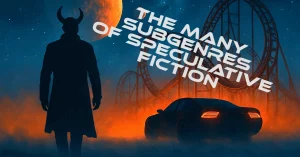 A siloutte of a person with horns in trench coat next to a sports car and a rollercoaster and a distant planet in the dark sky.