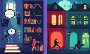 Three panels showing noir, thriller and mystery