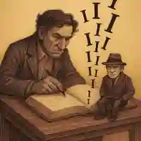 Author writing in book with a torrent of capital letter I spewing up. A noir detective character sits grimly on the corner of the book.