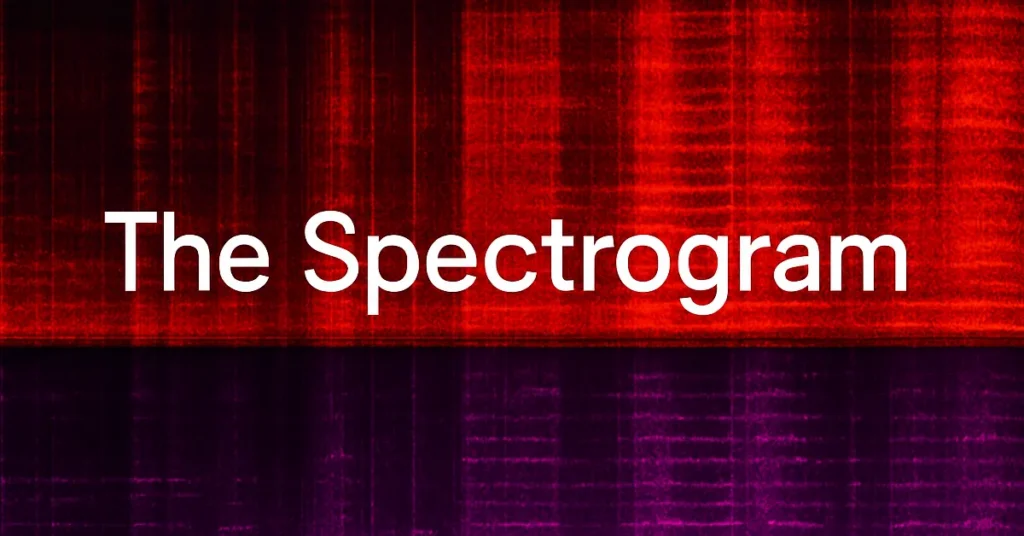 The Spectrogram Logo, with the words "The Spectrogram" over a distorted red and purple field