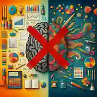 Left side shows an anatomically correct left-brain hemisphere next to charts, graphs and tables while the right side shows a colorful, fanciful right hemisphere next to art tools.