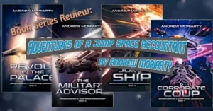 Four book covers from the series Adventures of a Jump Space Accountant by Andrew Moriarty