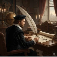 A male Elizabethan writer sitting at a writing desk. He writes on a scroll with a giant quill underneath the words Pen Name.