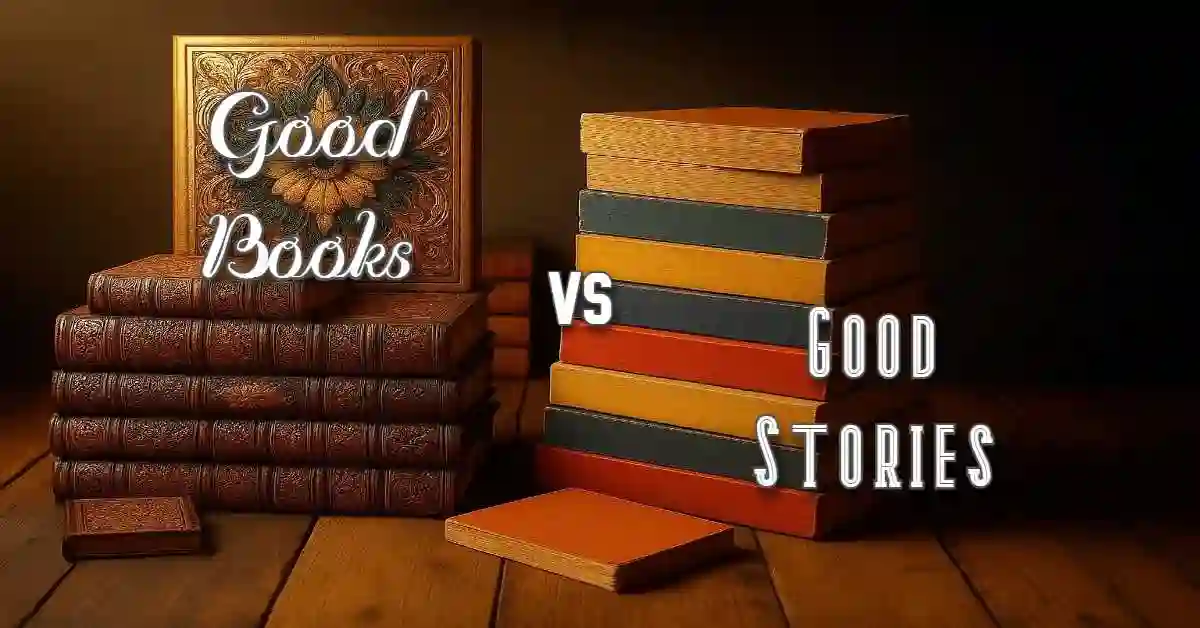 Two stacks of books. One has fancy, glided hardcovers and the other generic paperbacks.