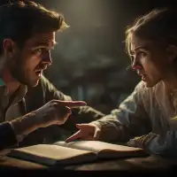 A young man and young woman arguing over an open notebook