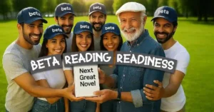 An elderly author holding his novel titled Next Great Novel while surrounded by readers with beta baseball caps on