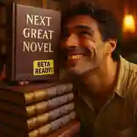 Author holding his novel titled Next Great Novel with an attached sticker that states Beta Ready