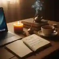 Desktop with an open laptop, candle burning, incense smoking, and a cup of tea.