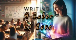 Split screen image. On left side, a teacher in her classroom pointing to whiteboard in front of students. On right side, same teacher in home office in front of magical laptop.