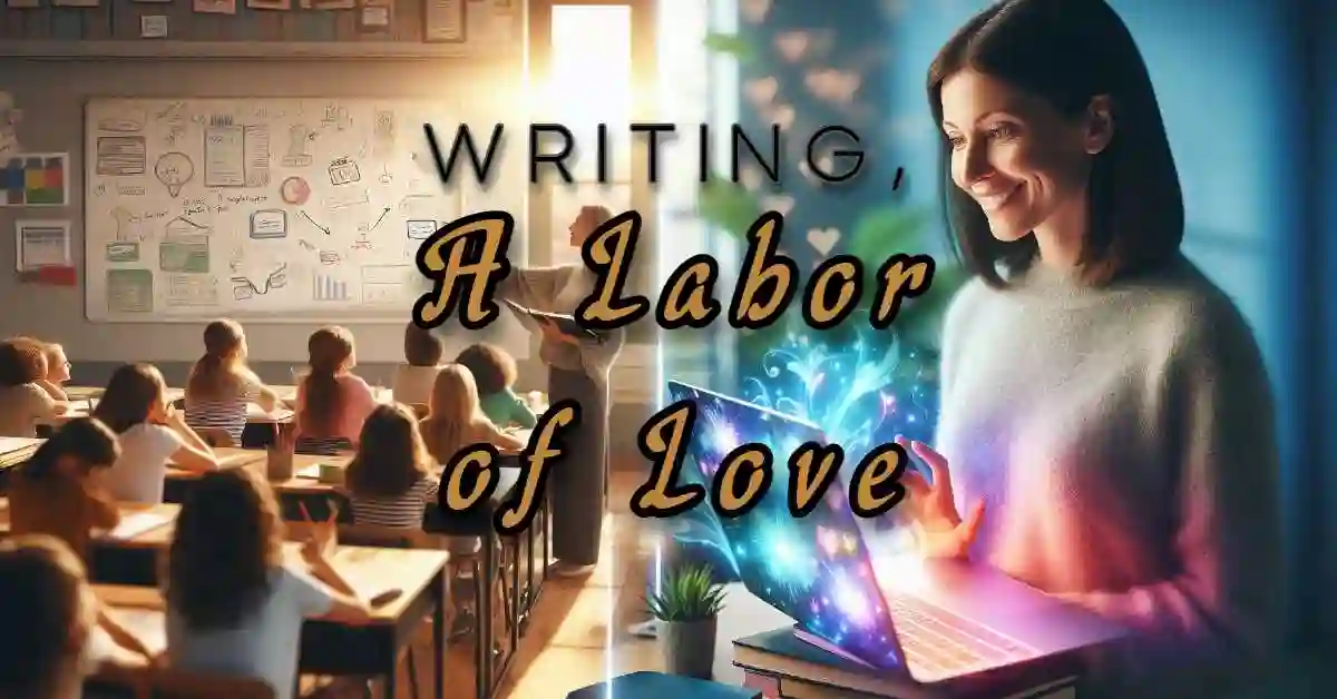 Split screen image. On left side, a teacher in her classroom pointing to whiteboard in front of students. On right side, same teacher in home office in front of magical laptop.